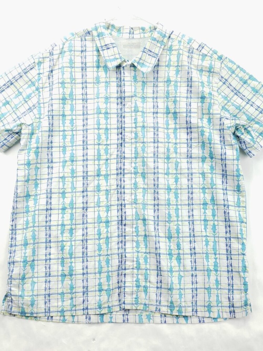 Columbia PFG Shirt Men XL Blue Fish Print Vented Fishing Short Sleeve Button-Up